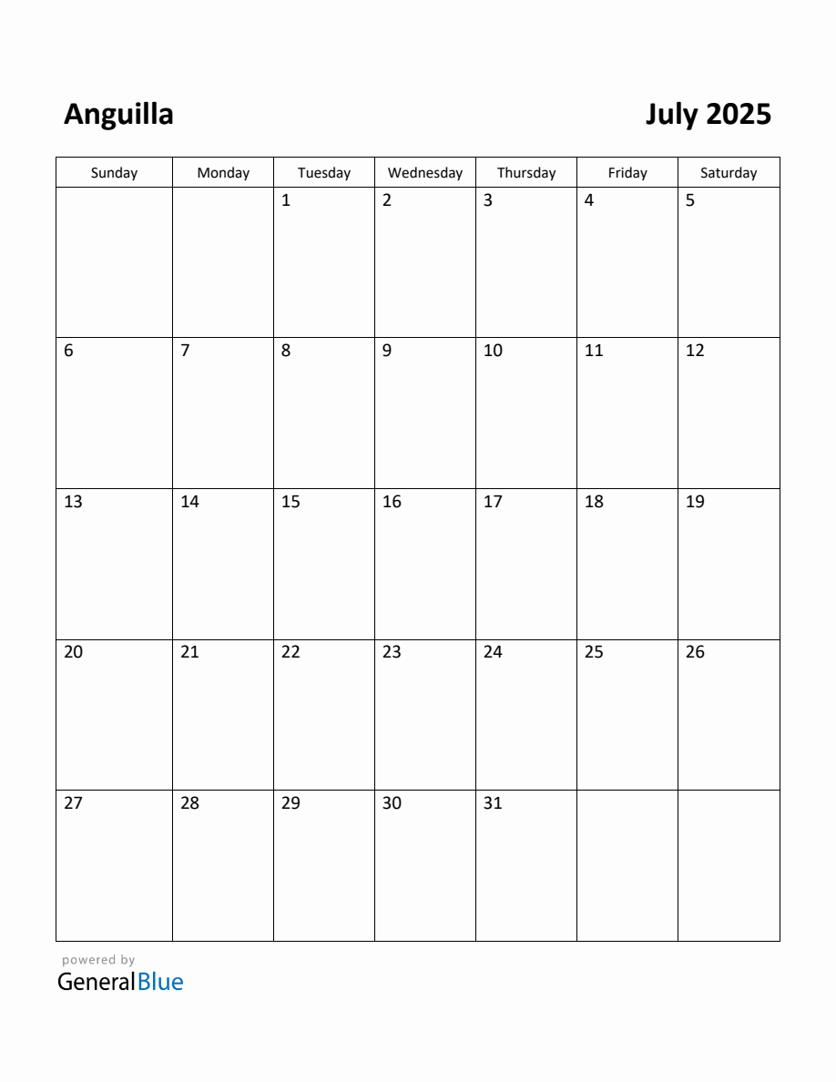 Free Printable July 2025 Calendar for Anguilla