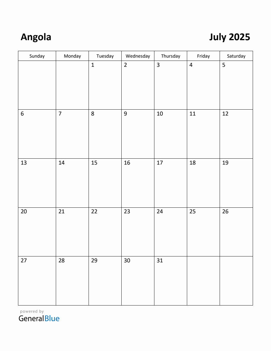 Free Printable July 2025 Calendar for Angola