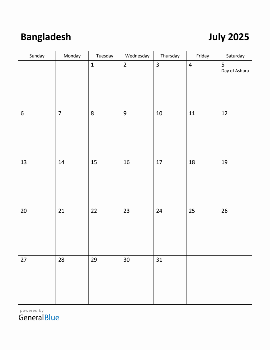 Free Printable July 2025 Calendar for Bangladesh