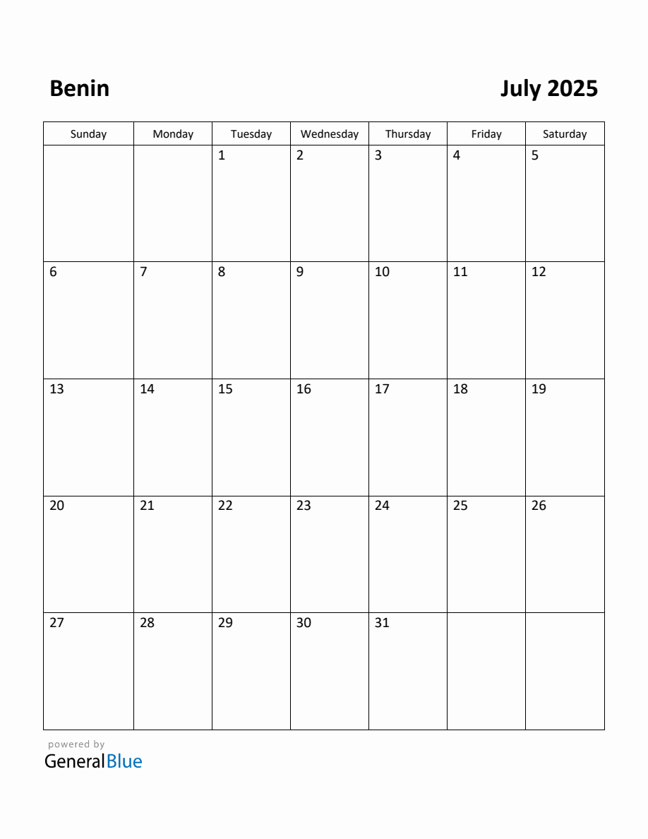 Free Printable July 2025 Calendar for Benin