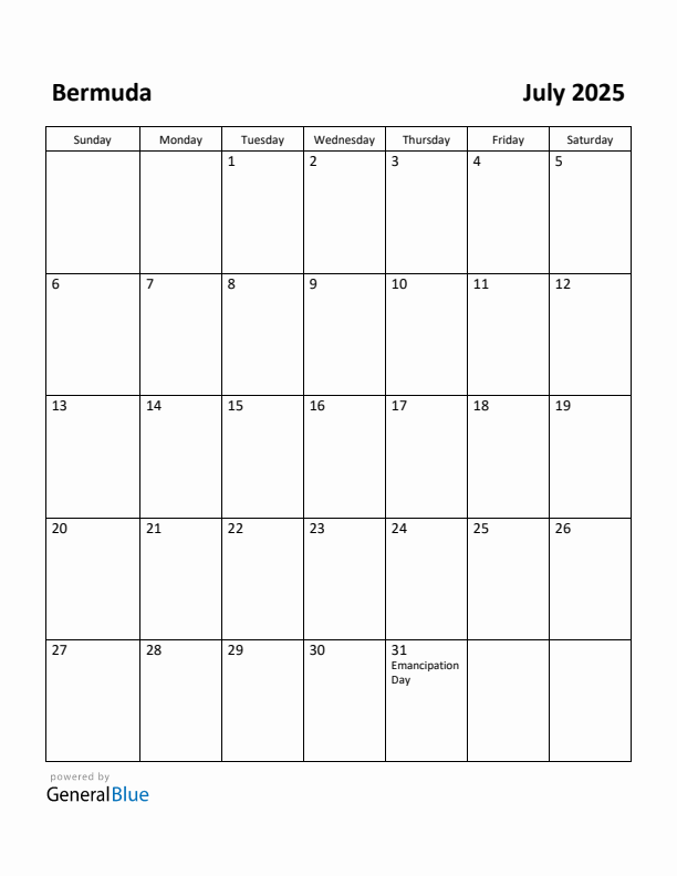 July 2025 Calendar with Bermuda Holidays