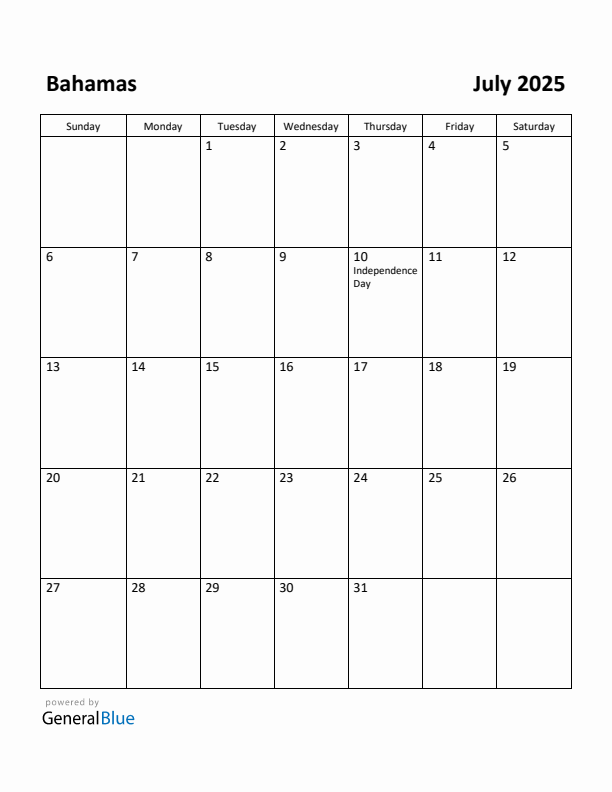 July 2025 Calendar with Bahamas Holidays