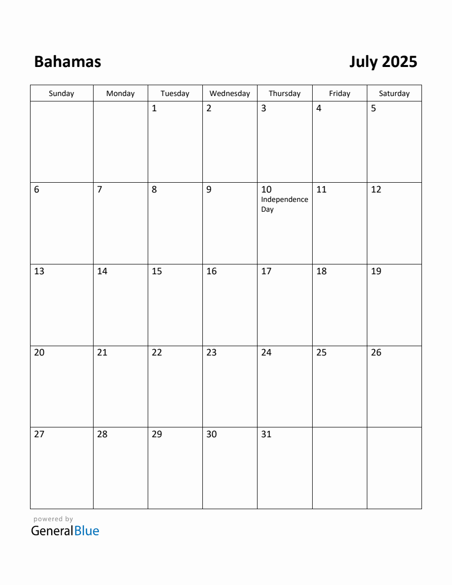 Free Printable July 2025 Calendar for Bahamas