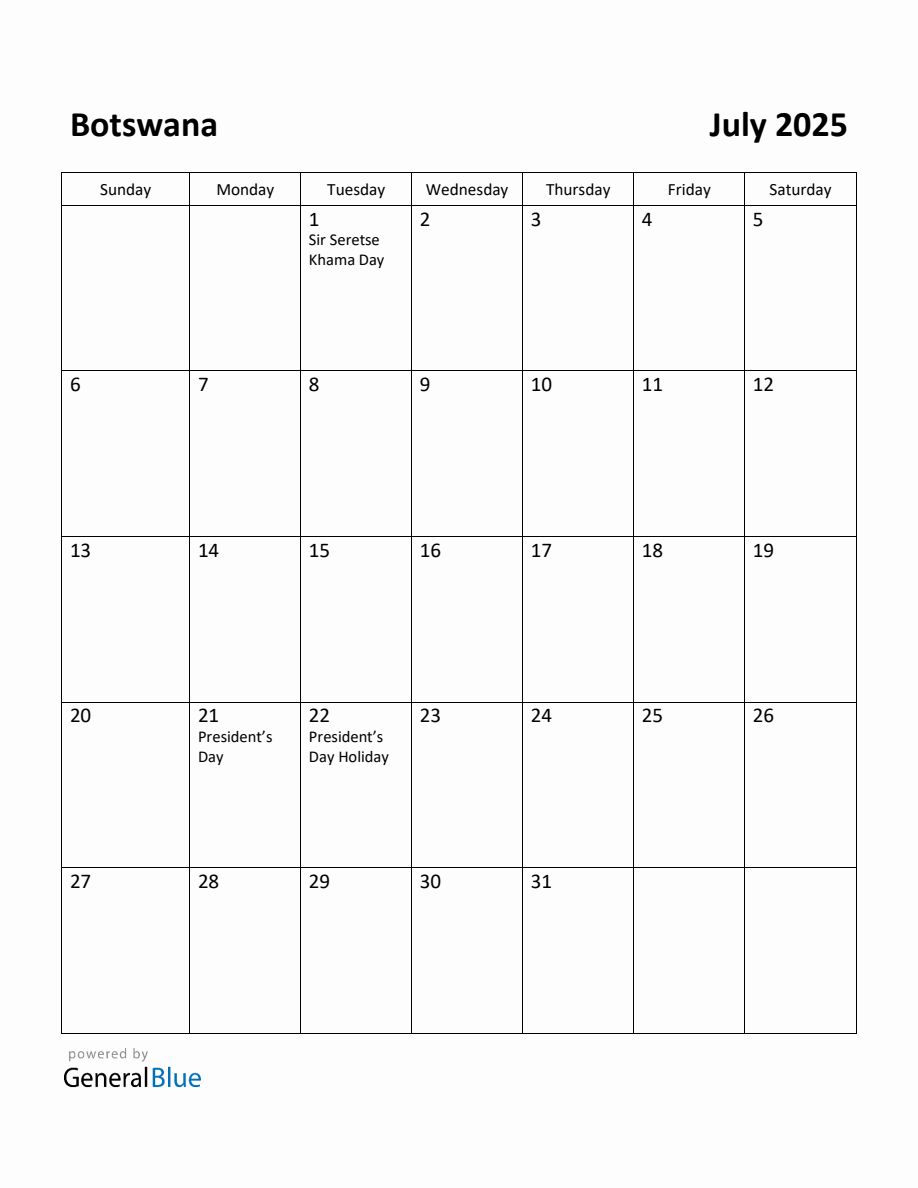 Free Printable July 2025 Calendar for Botswana