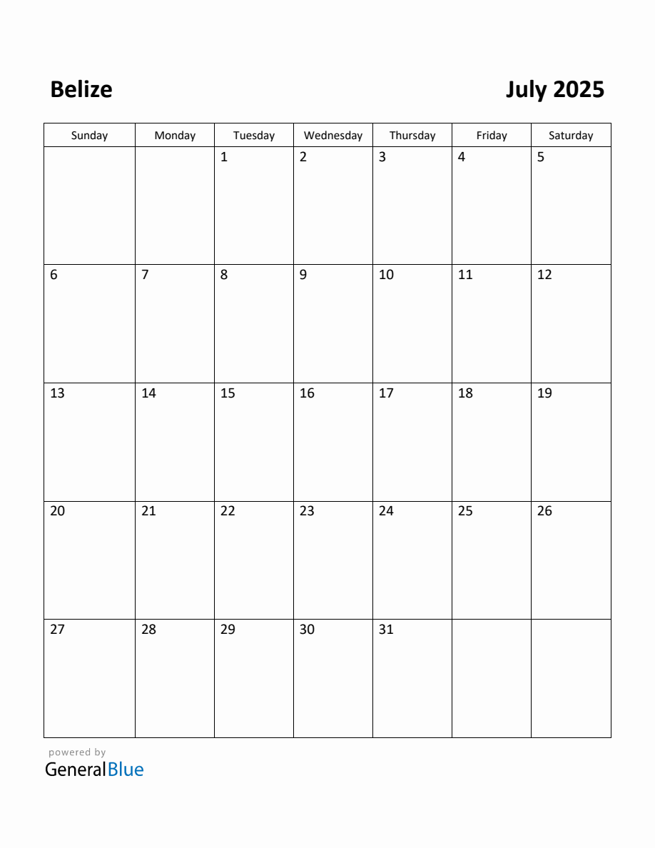 Free Printable July 2025 Calendar for Belize