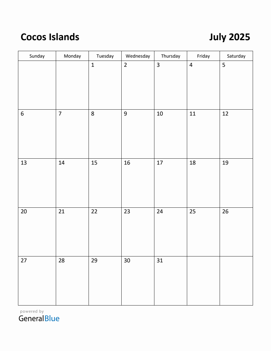 Free Printable July 2025 Calendar for Cocos Islands