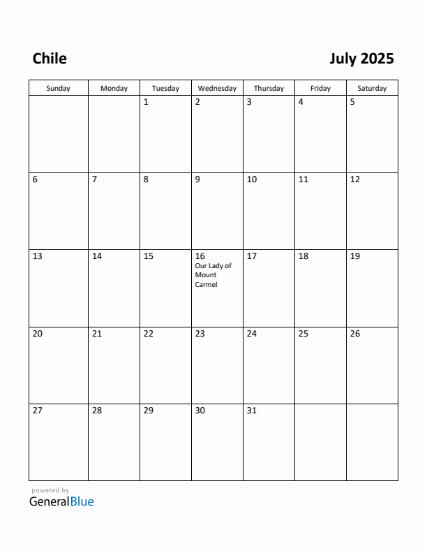 July 2025 Calendar with Chile Holidays
