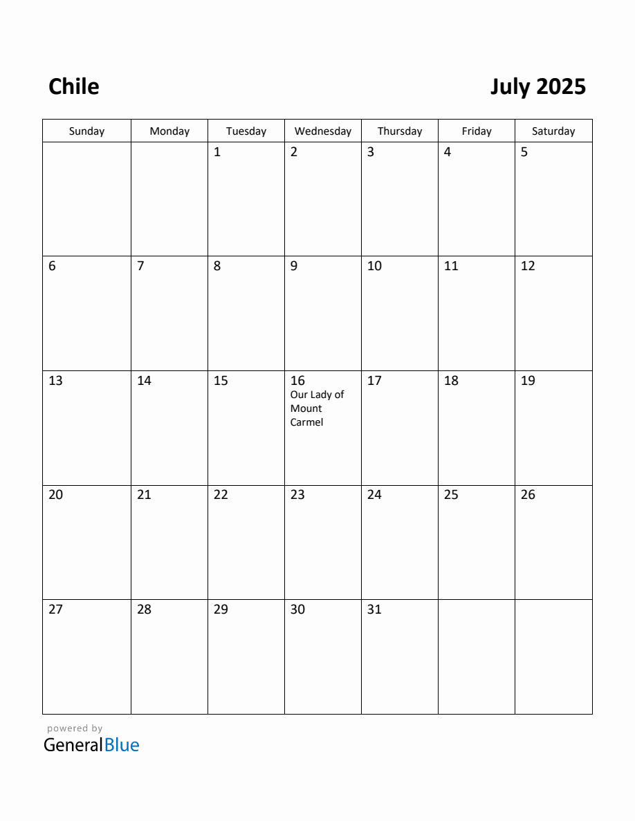 Free Printable July 2025 Calendar for Chile