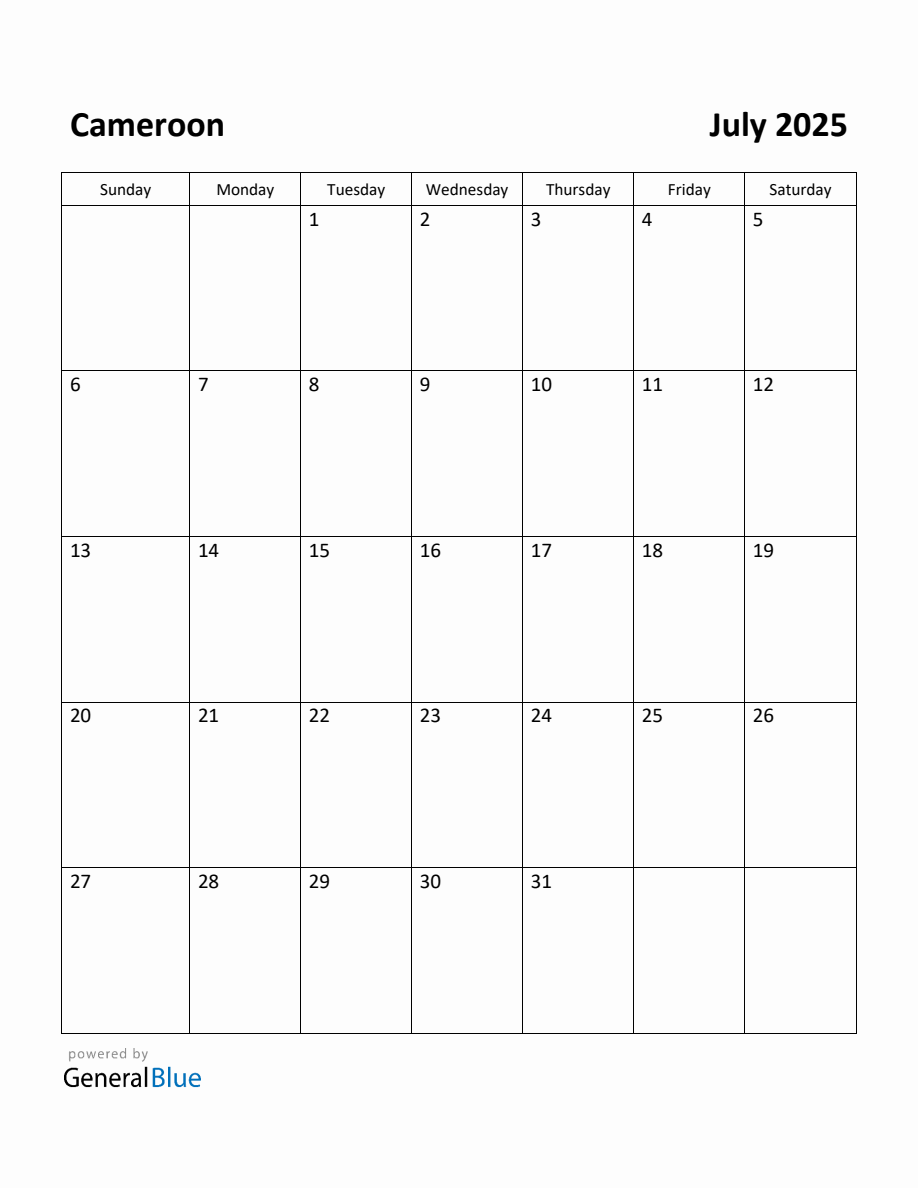 Free Printable July 2025 Calendar for Cameroon