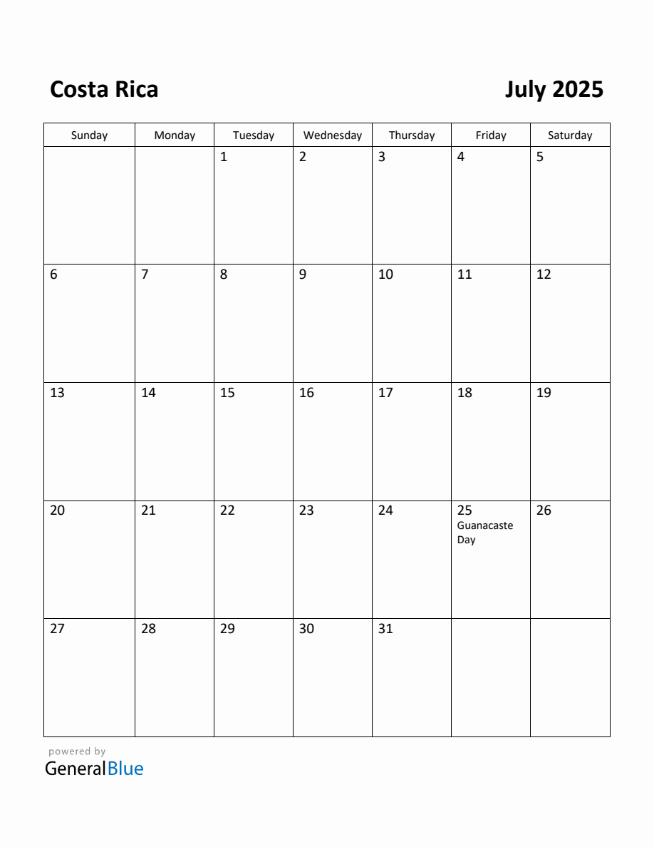 Free Printable July 2025 Calendar for Costa Rica