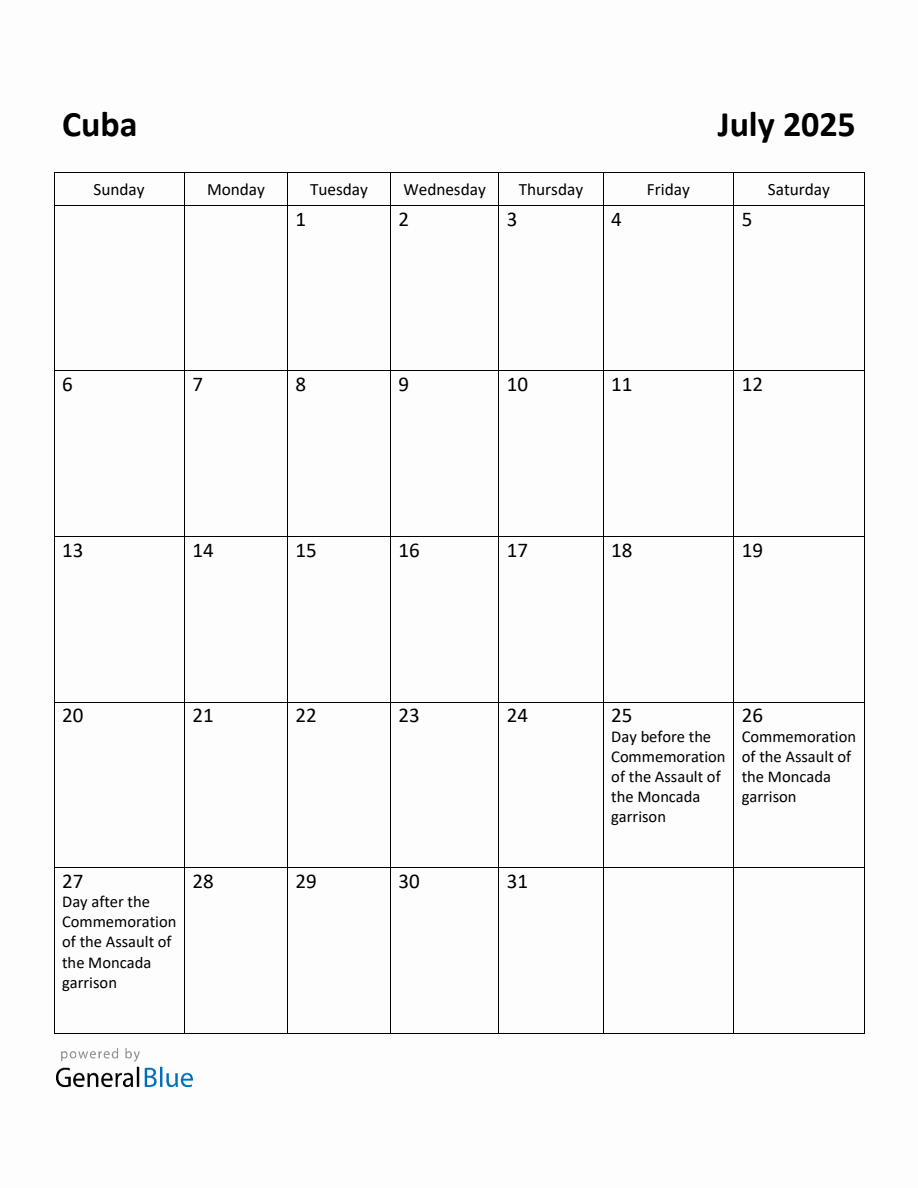 Free Printable July 2025 Calendar for Cuba