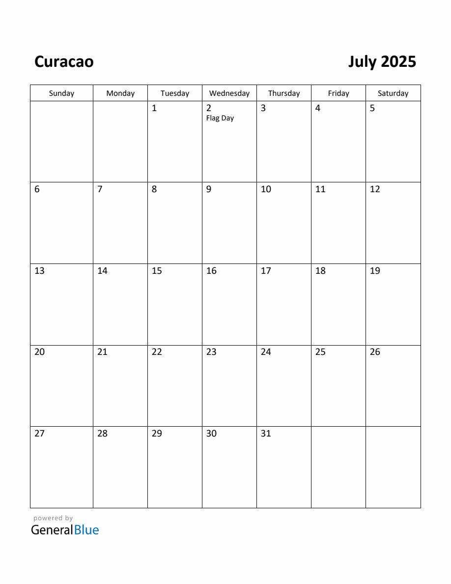 Free Printable July 2025 Calendar for Curacao