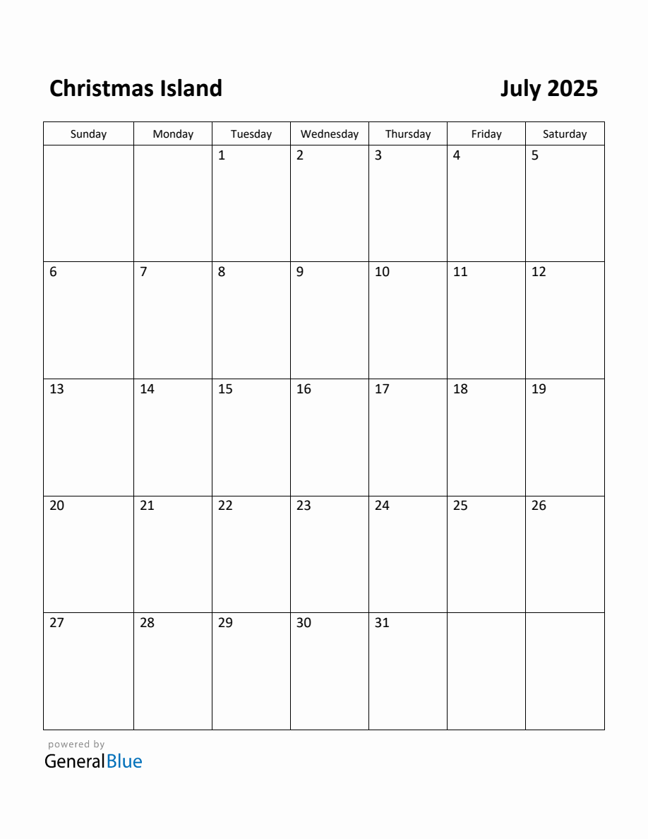 Free Printable July 2025 Calendar for Christmas Island