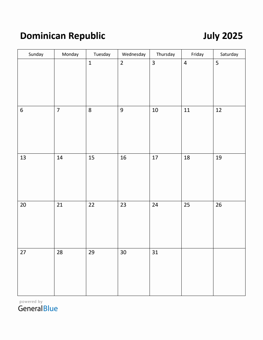 Free Printable July 2025 Calendar for Dominican Republic