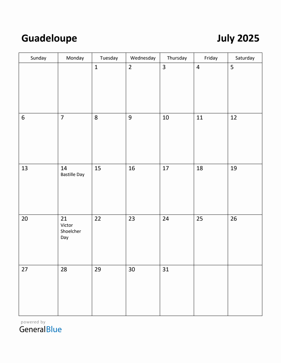 Free Printable July 2025 Calendar for Guadeloupe