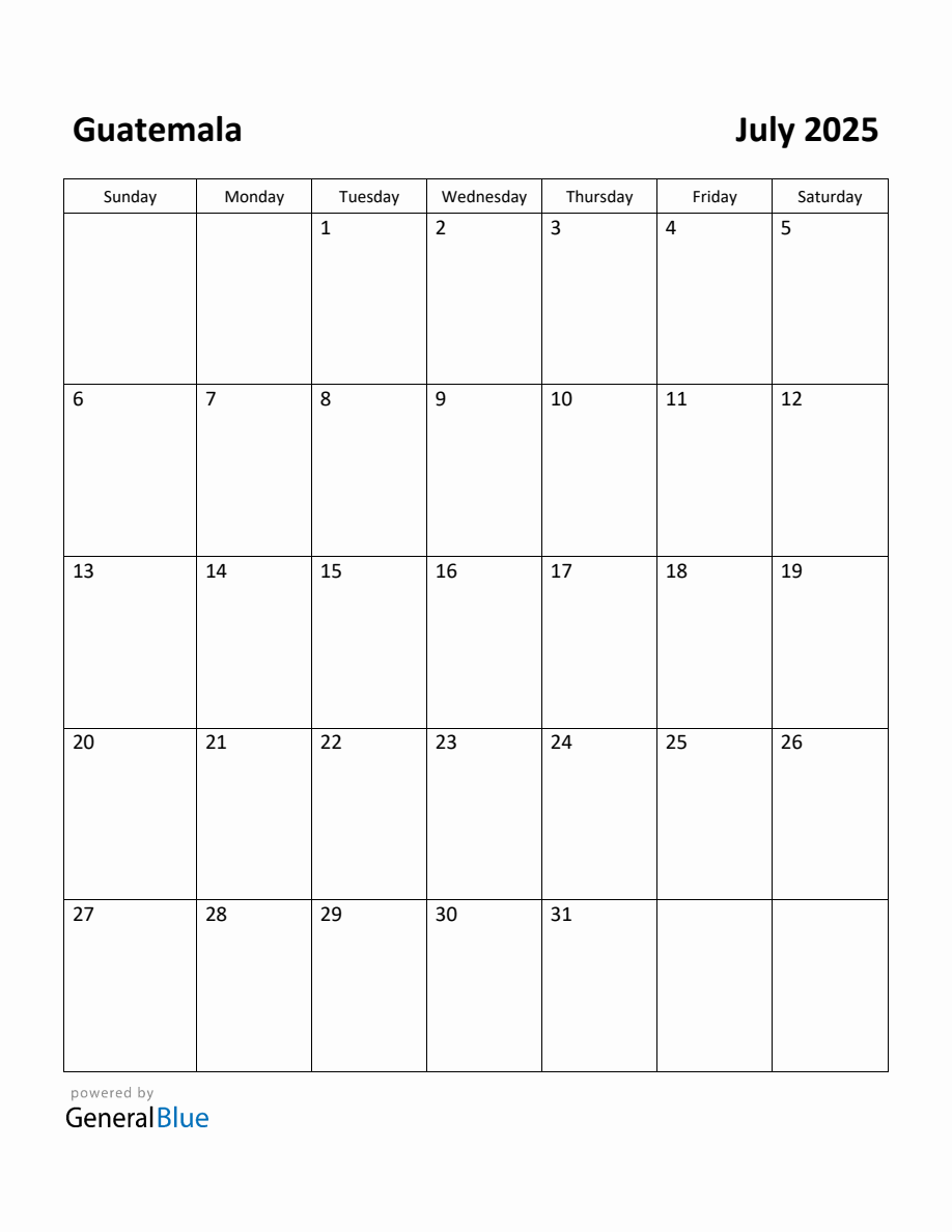 Free Printable July 2025 Calendar for Guatemala