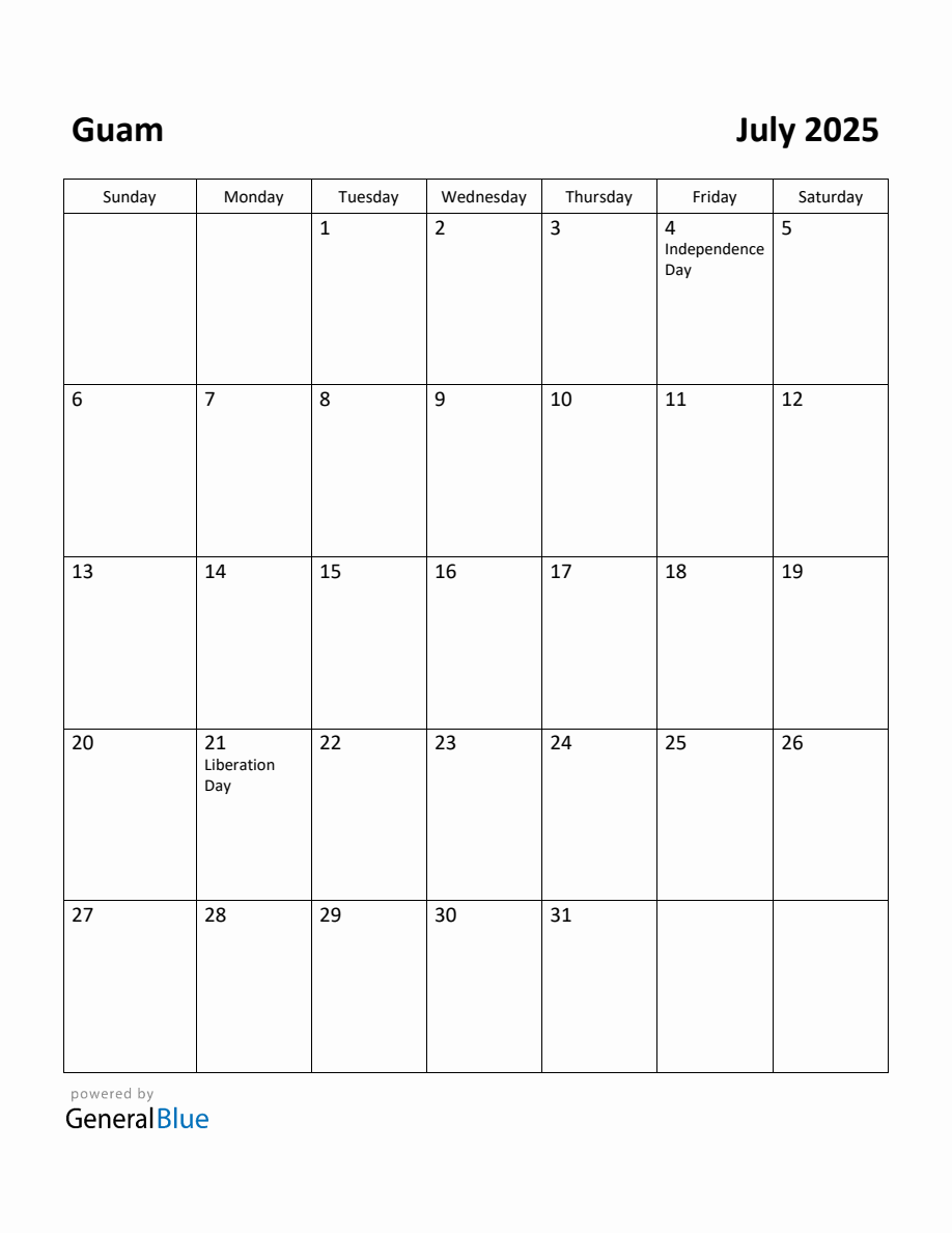 Free Printable July 2025 Calendar for Guam