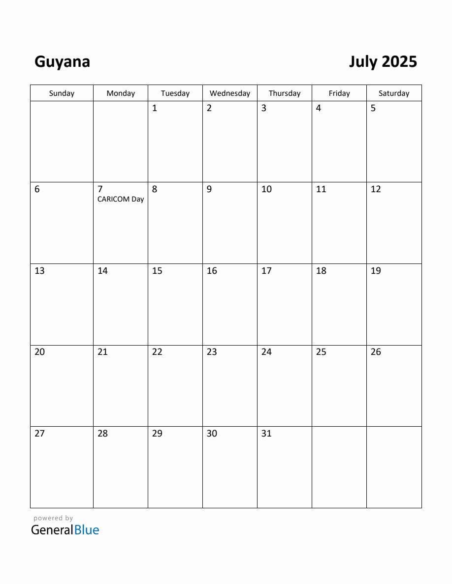 Free Printable July 2025 Calendar for Guyana