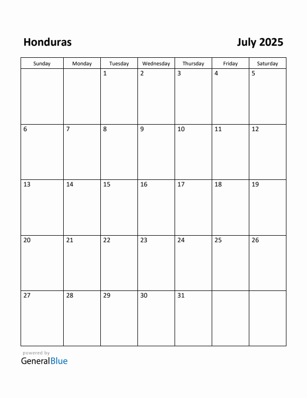 July 2025 Calendar with Honduras Holidays