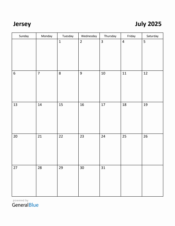 July 2025 Calendar with Jersey Holidays