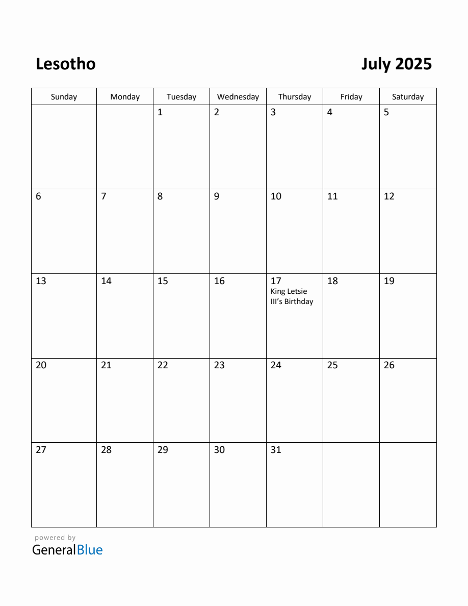 Free Printable July 2025 Calendar for Lesotho