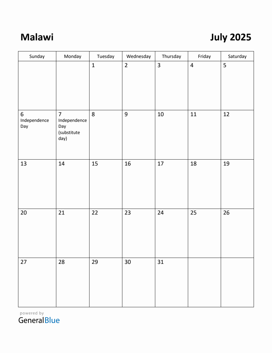 Free Printable July 2025 Calendar for Malawi