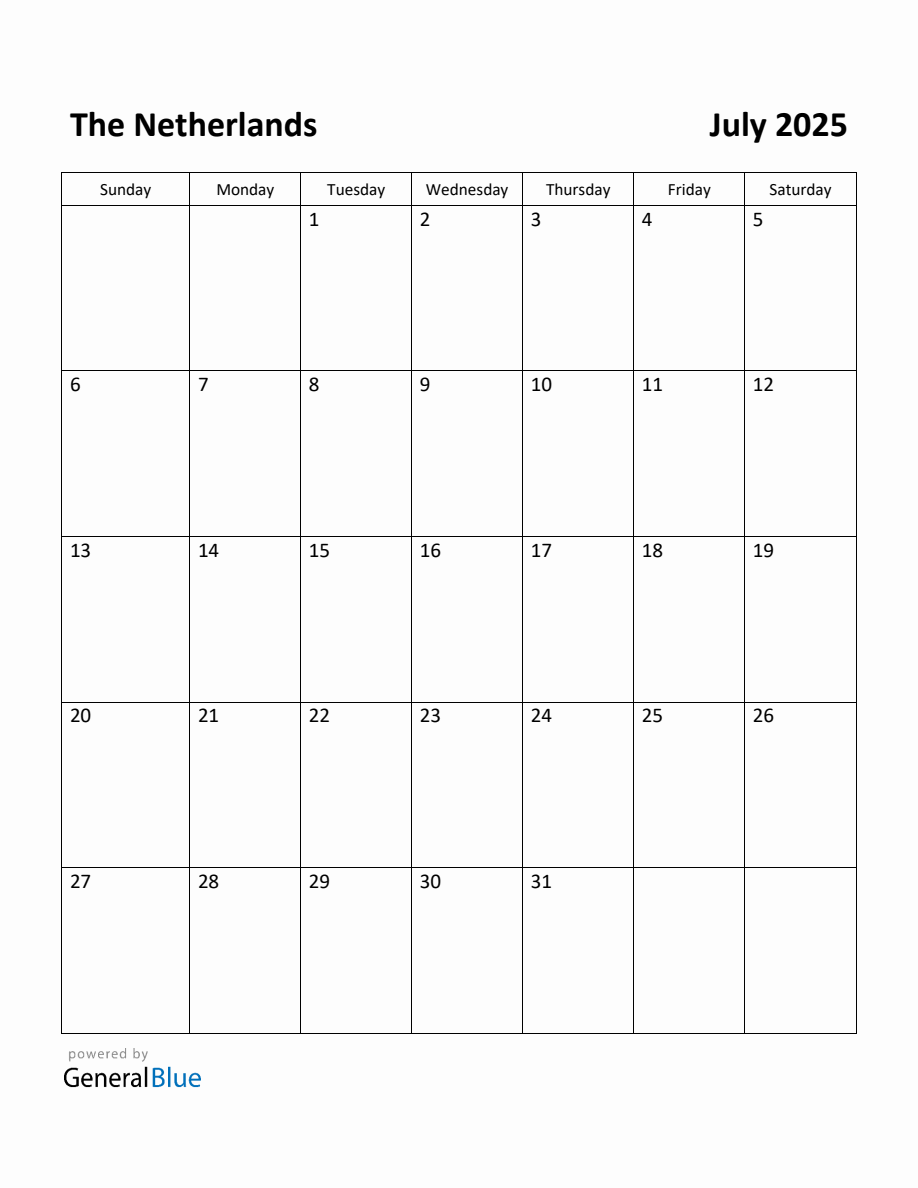 Free Printable July 2025 Calendar for Netherlands