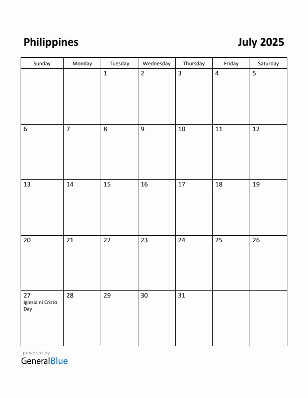 Free Printable July 2025 Calendar for Philippines