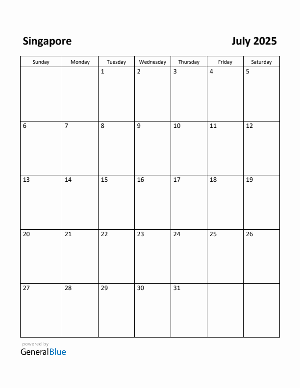 July 2025 Calendar with Singapore Holidays