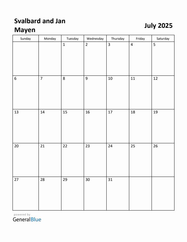 July 2025 Calendar with Svalbard and Jan Mayen Holidays