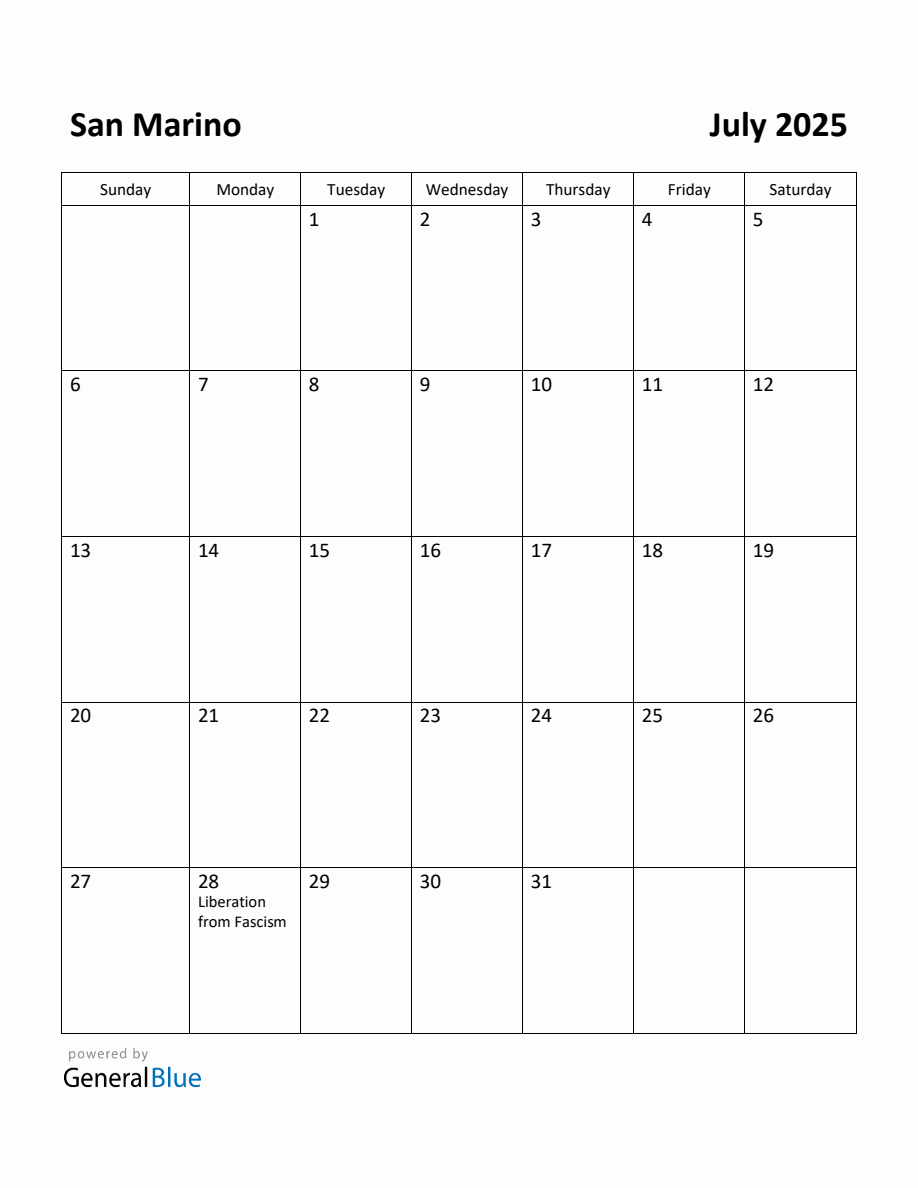 Free Printable July 2025 Calendar for San Marino