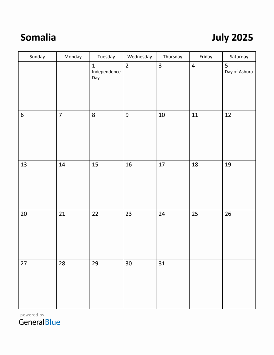 Free Printable July 2025 Calendar for Somalia