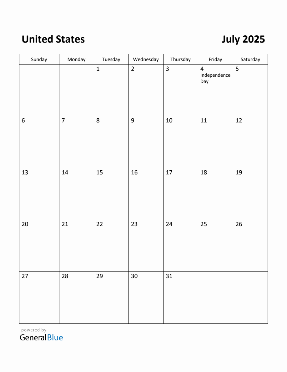 Free Printable July 2025 Calendar for United States