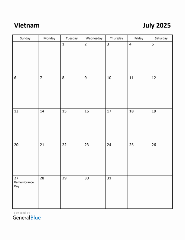 Free Printable July 2025 Calendar for Vietnam