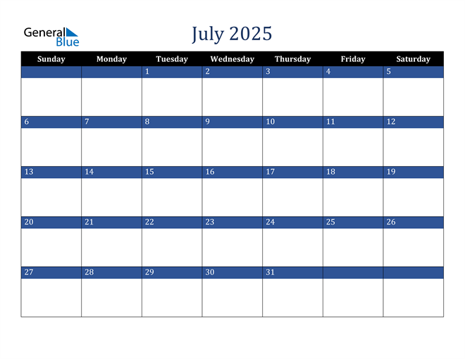 July 2025 Calendar (PDF Word Excel)