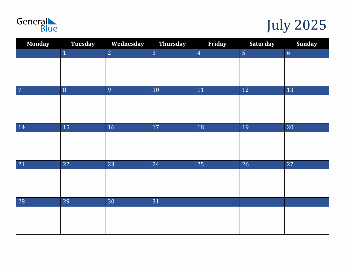 July 2025 Downloadable Monday Start Calendar