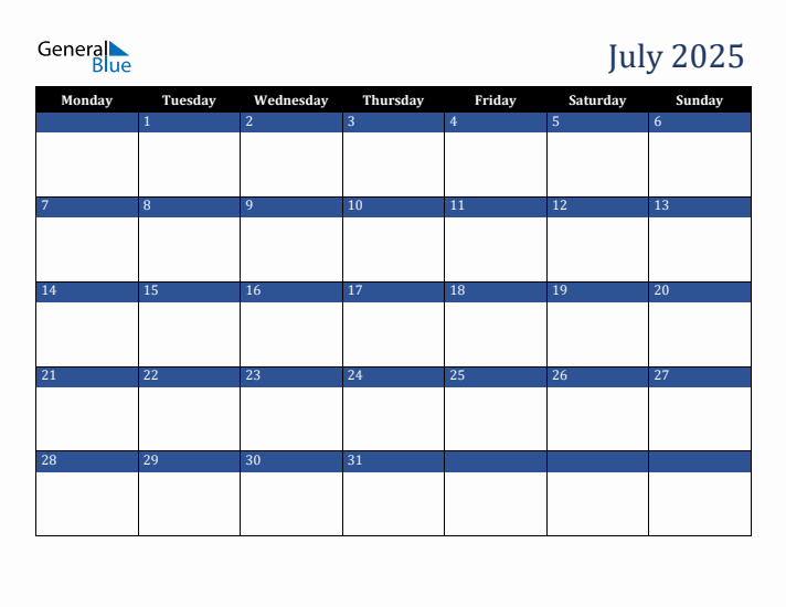 Monday Start Calendar for July 2025