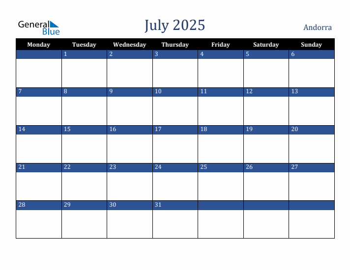 July 2025 Andorra Calendar (Monday Start)