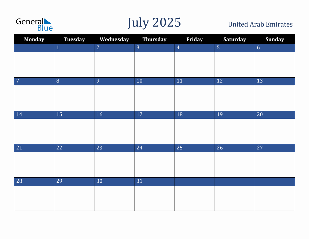 July 2025 United Arab Emirates Holiday Calendar