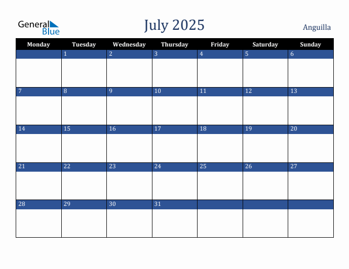 July 2025 Anguilla Calendar (Monday Start)