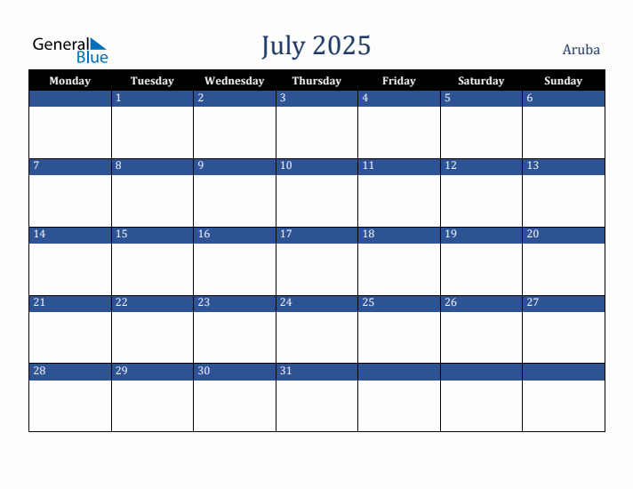 July 2025 Aruba Calendar (Monday Start)