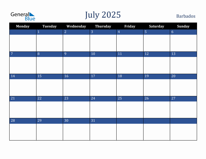 July 2025 Barbados Calendar (Monday Start)