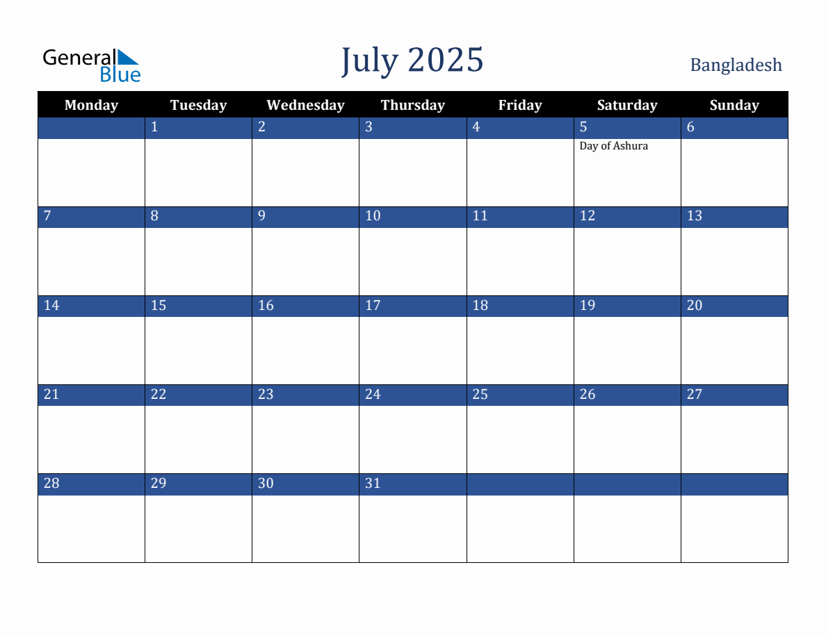 July 2025 Bangladesh Holiday Calendar