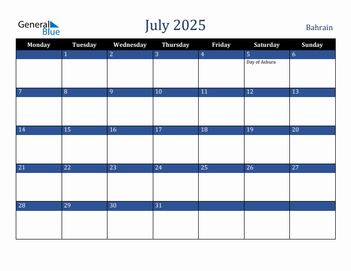 July 2025 Bahrain Calendar (Monday Start)