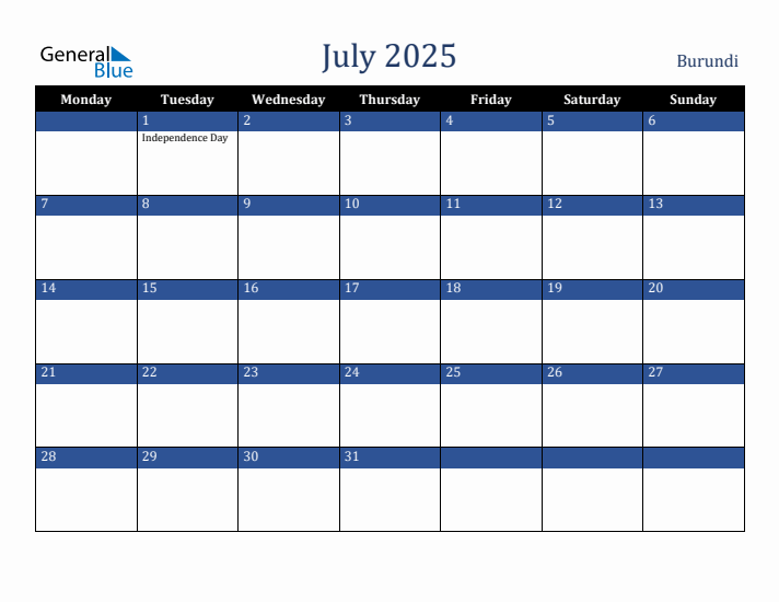 July 2025 Burundi Calendar (Monday Start)