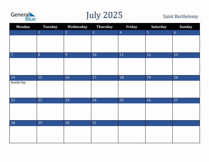 July 2025 Saint Barthelemy Calendar (Monday Start)