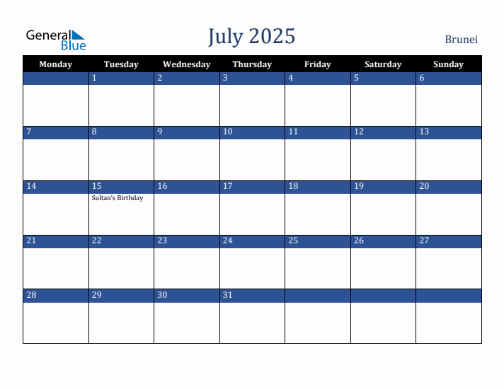 July 2025 Brunei Calendar (Monday Start)