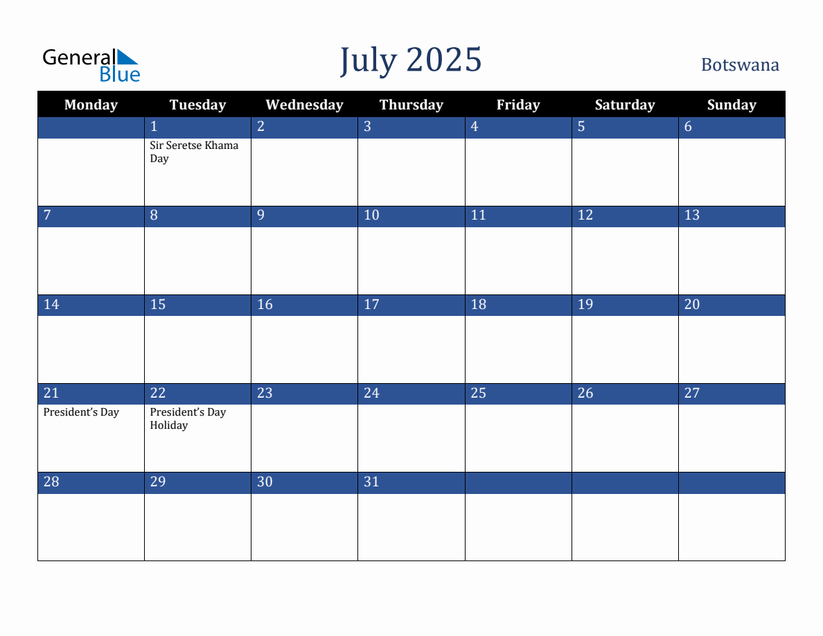 July 2025 Botswana Holiday Calendar