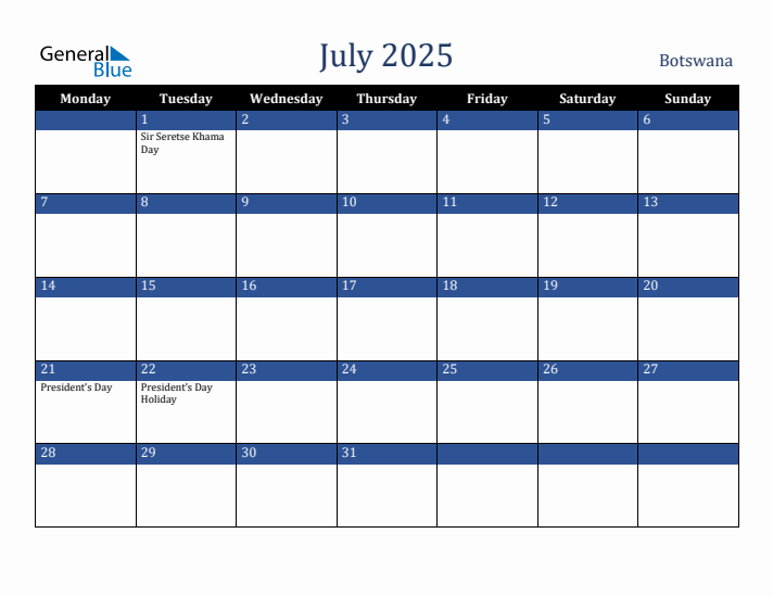 July 2025 Botswana Calendar (Monday Start)