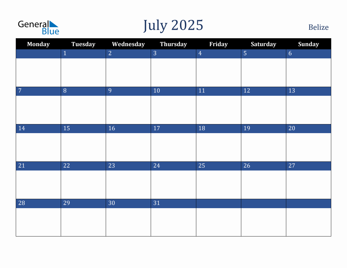 July 2025 Belize Holiday Calendar